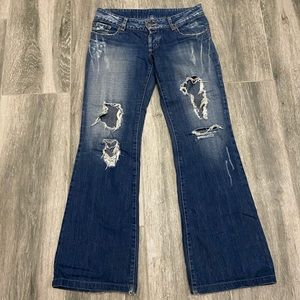 7 For All Mankind Blue Distressed Flare Jeans